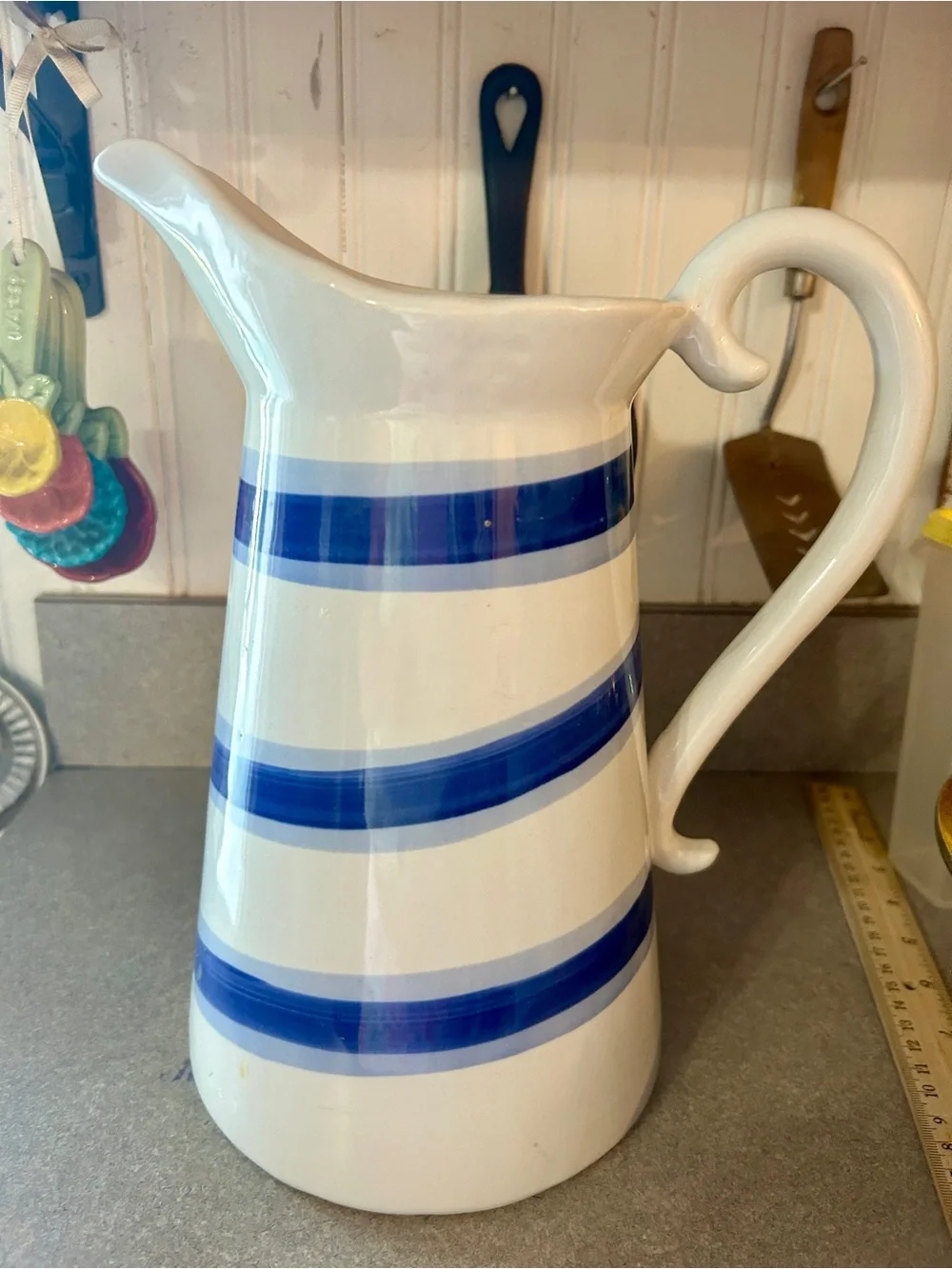 Blue Stripe Ceramic Pitcher - White and Blue